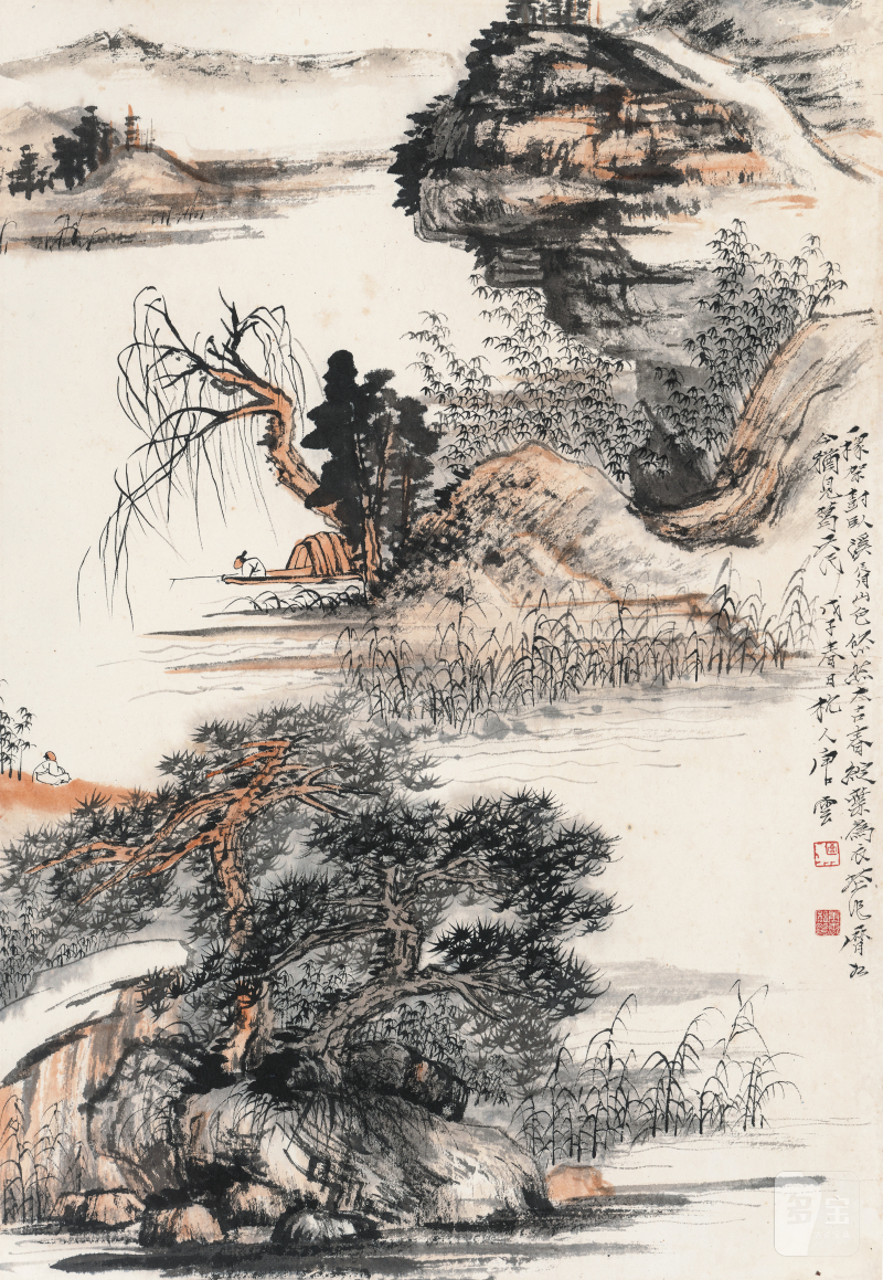 唐 云 1910-1993 溪山钓艇 - 图2